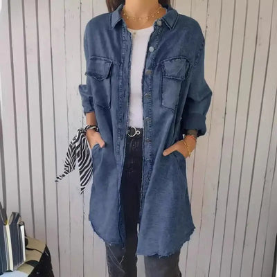 Denim Casual Lång Skjorta Jacka